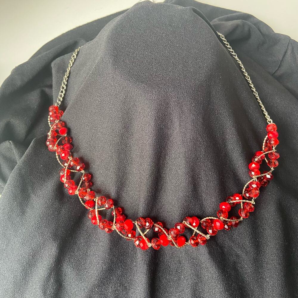 Yoshi Necklace Red Bead Spiral Silver Design 26" Lobster Clasp Vintage Unusual